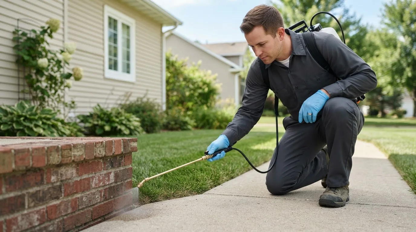 Pest control technician treating a home near Belfast, ME